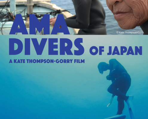 A movie poster for "Ama Divers of Japan." It features an underwater photograph of a diver and a close-up of an elderly woman preparing equipment. The text includes film credits, including the director Kate Thompson-Gorry. Planete+ is listed as the network.