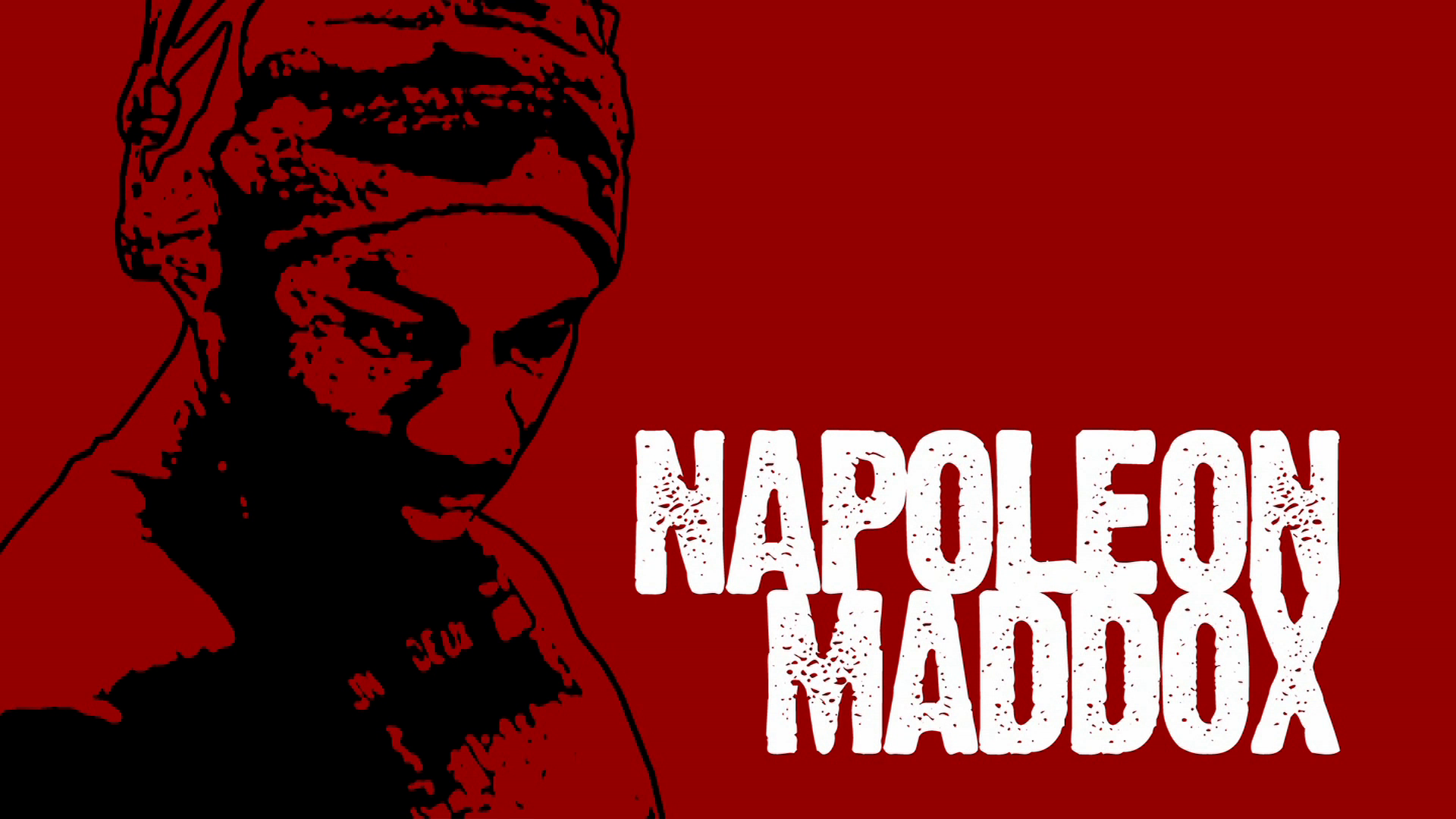 •1 Xpress2Brest_Film_Kate_Thompson_Gorry Stylized image of a person in a head wrap against a deep red background with the name "Napoleon Maddox" in bold white, distressed text to the right.