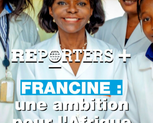 A group of people in white lab coats smile at the camera. The text overlay reads "Reporters +," "FRANCINE: an African ambition for the continent." The France 24 logo is displayed at the top right corner.