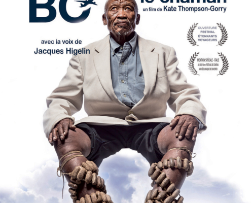Poster of the film "Le Voyage de Kgonta Bo - Le Chaman" features an elderly man in traditional attire sitting against a white background, capturing a shaman’s journey. The film details and crew are listed, with festival accolades shown at the top right.