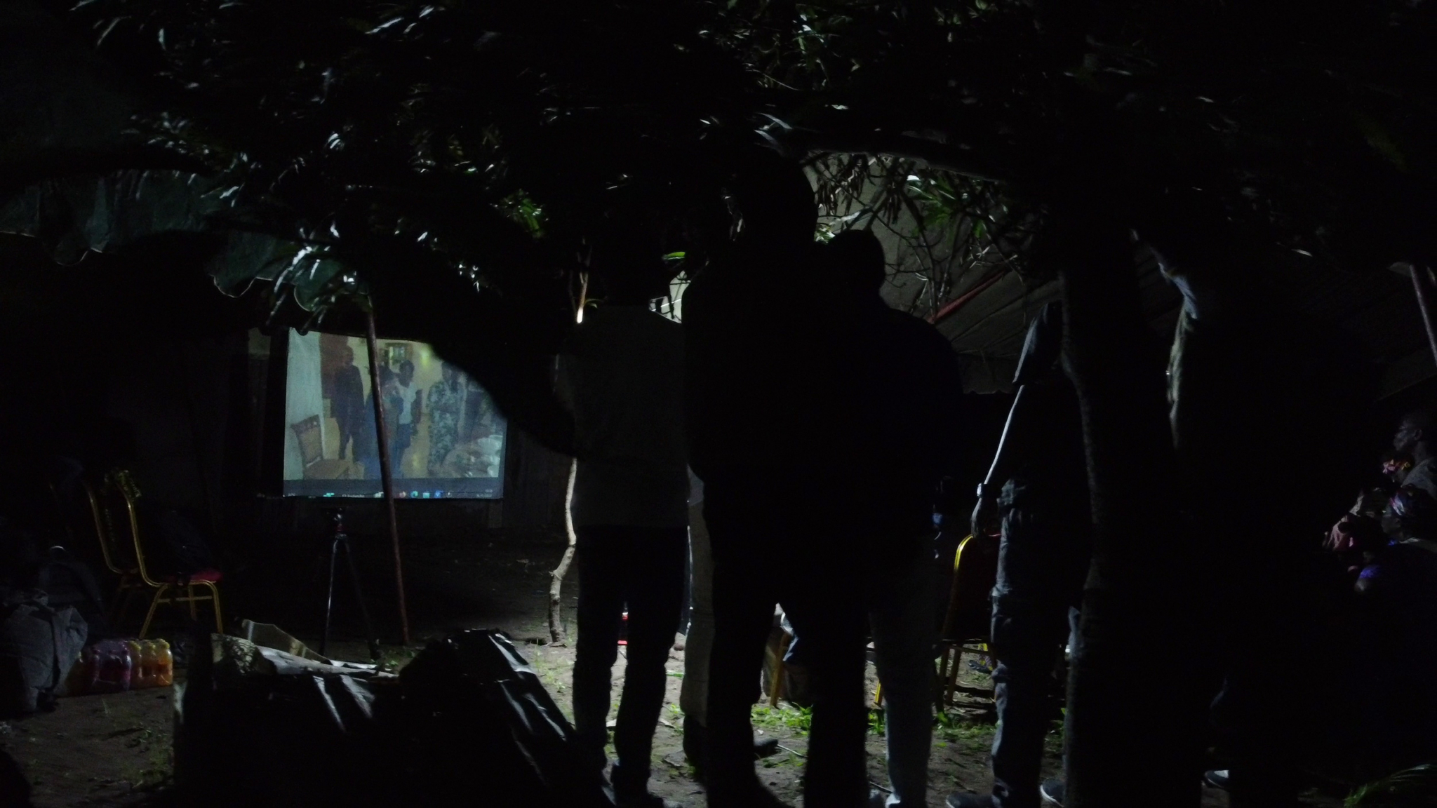 A dimly lit outdoor scene at night shows silhouettes of people gathered, watching a projected image on a screen amidst trees. The area is illuminated by the screen, with various objects and equipment visible nearby.