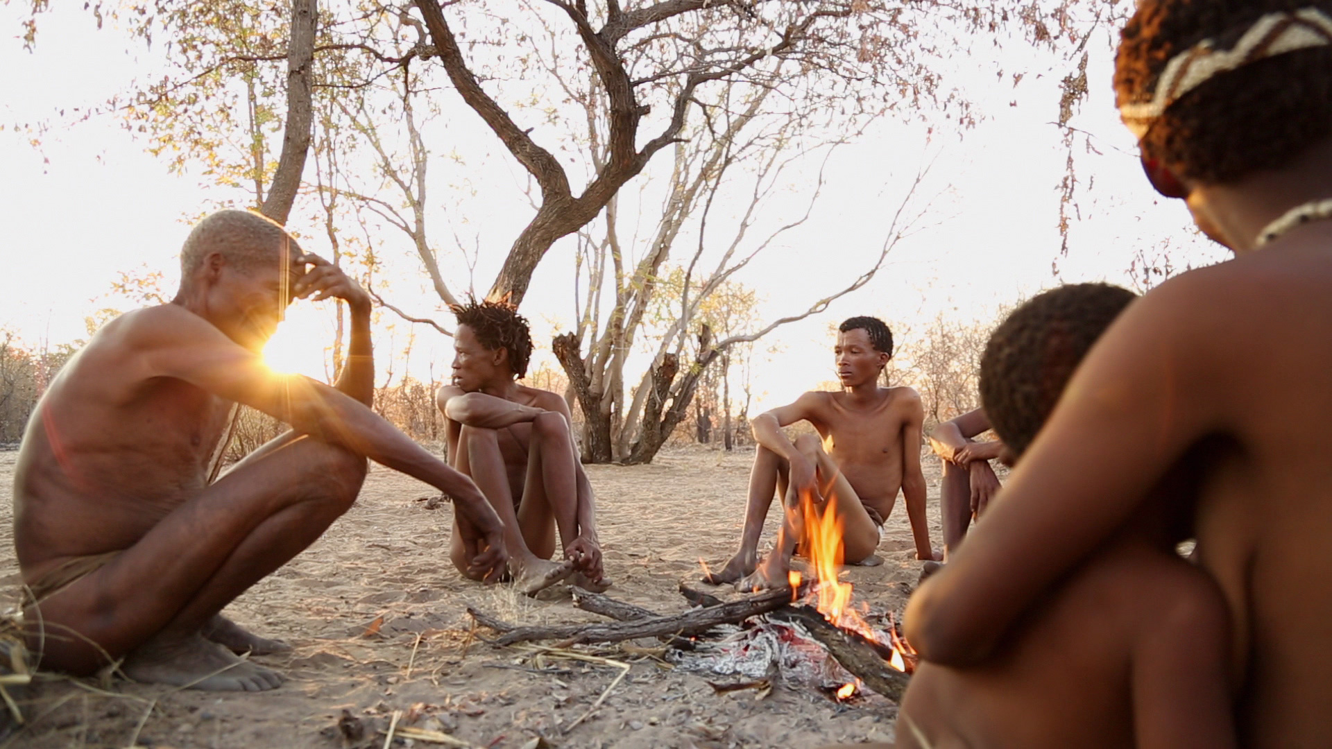 A group of people sit around a campfire in an outdoor setting with trees in the background. The sun is setting, casting a warm glow on the scene. They appear to be engaged in conversation, with some looking towards the fire and others at each other.