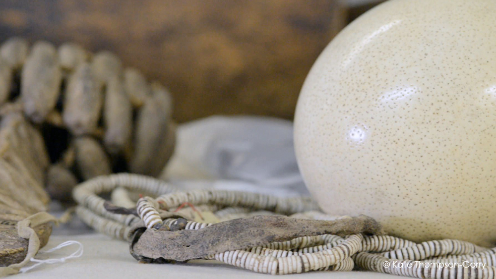 A safari-themed still life featuring a large, speckled ostrich egg, a broken egg, and a string of beads. The background is blurred, giving focus to the objects on display.