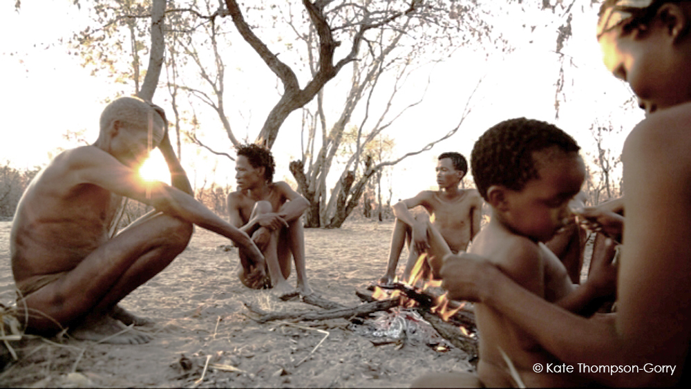 A group of six people are sitting around a small campfire in a sparse, sunlit forest. Some are tending to the fire, while others are engaged in conversation. The light filters softly through the trees, creating a serene atmosphere. © Kate Thompson-Gorry.